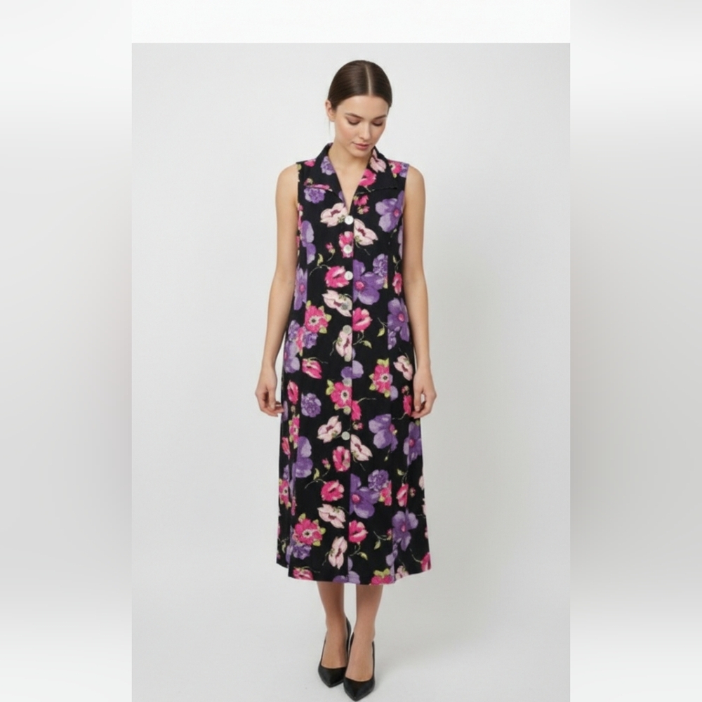 White Stag Dress Black Floral Sleeveless Maxi Boho Linen Blend Cottage 12